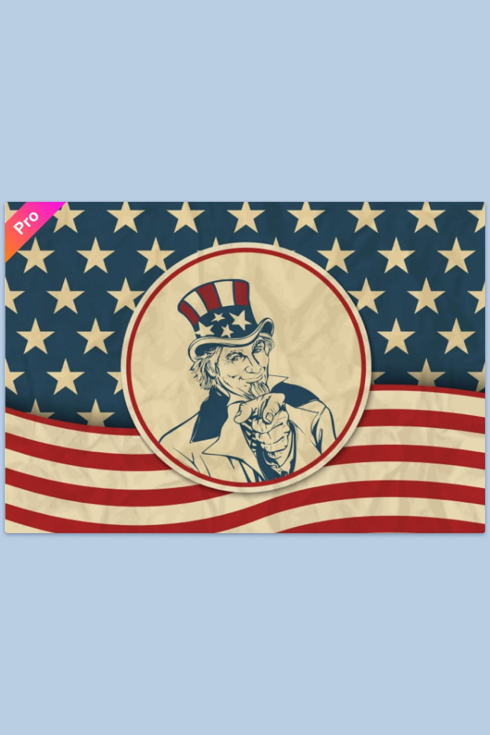 Uncle Sam in vintage style on the background of the American flag.