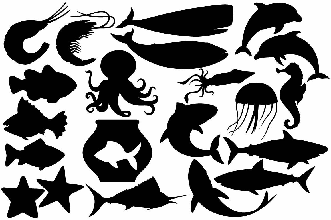 Silhouette underwater animals.
