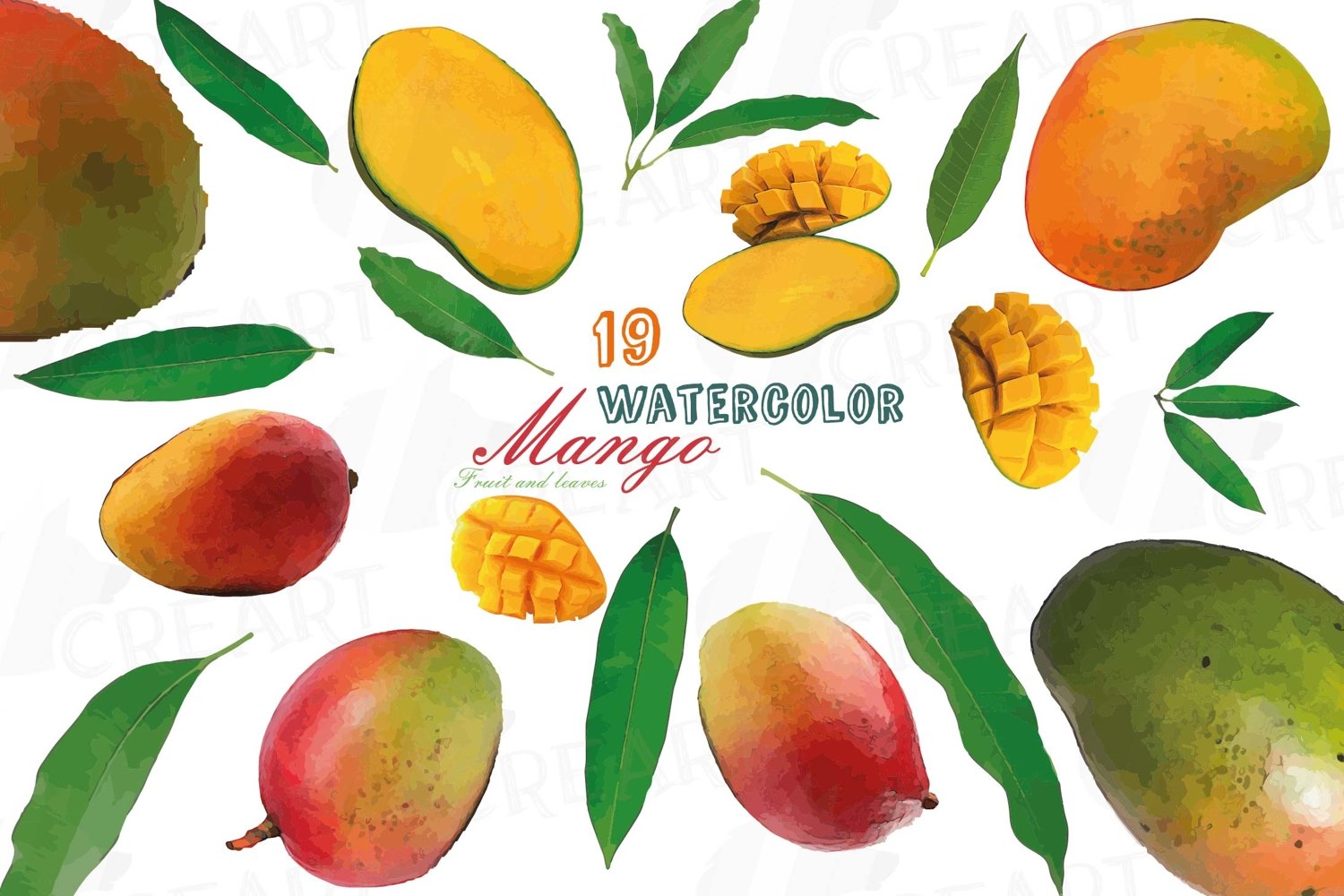 Cover image of Watercolor Mango clip art pack.