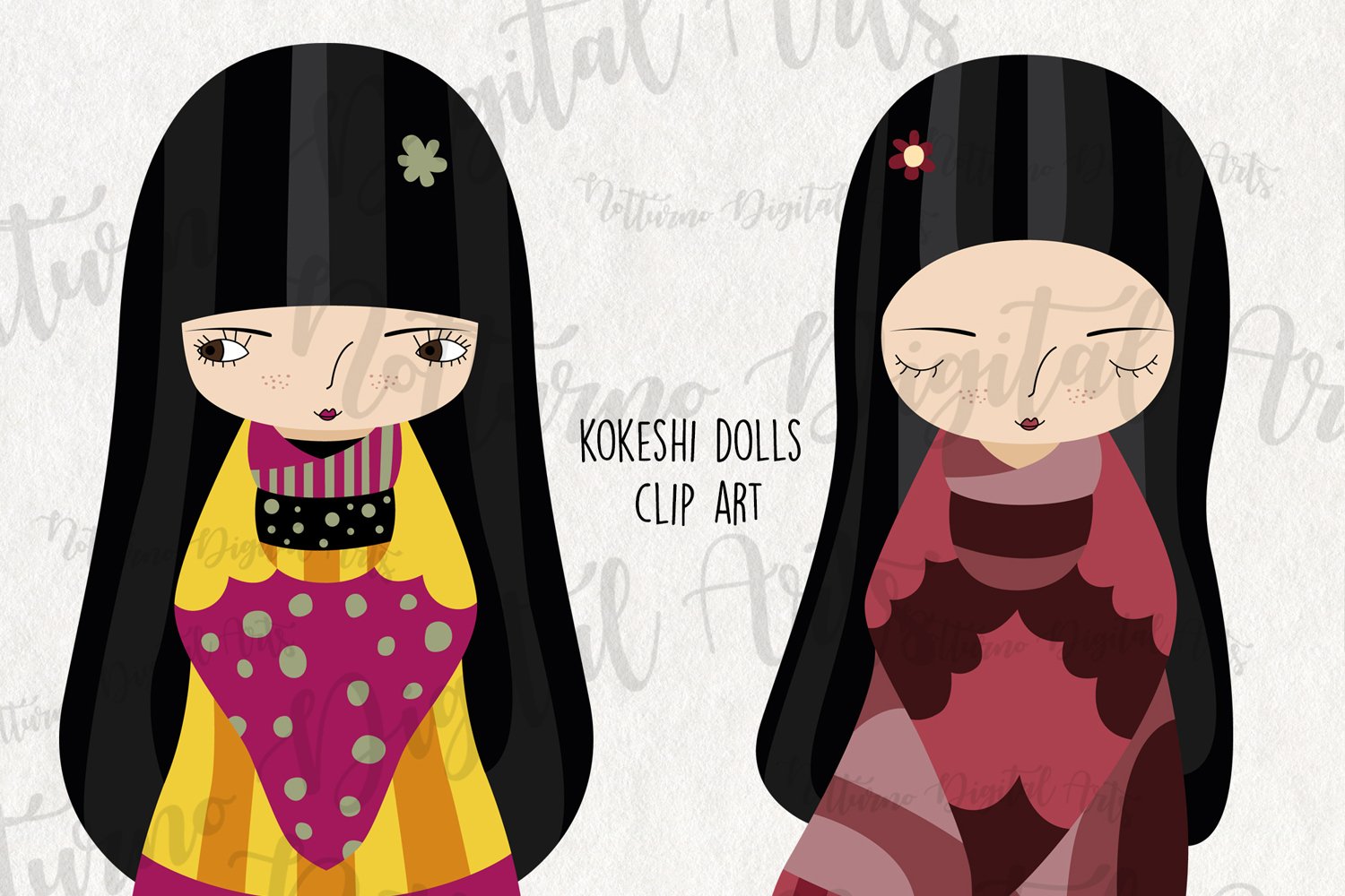 Kokeshi Dolls with long black hair.