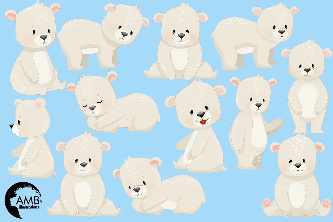 Blue background with a little white polar bear in different mood.