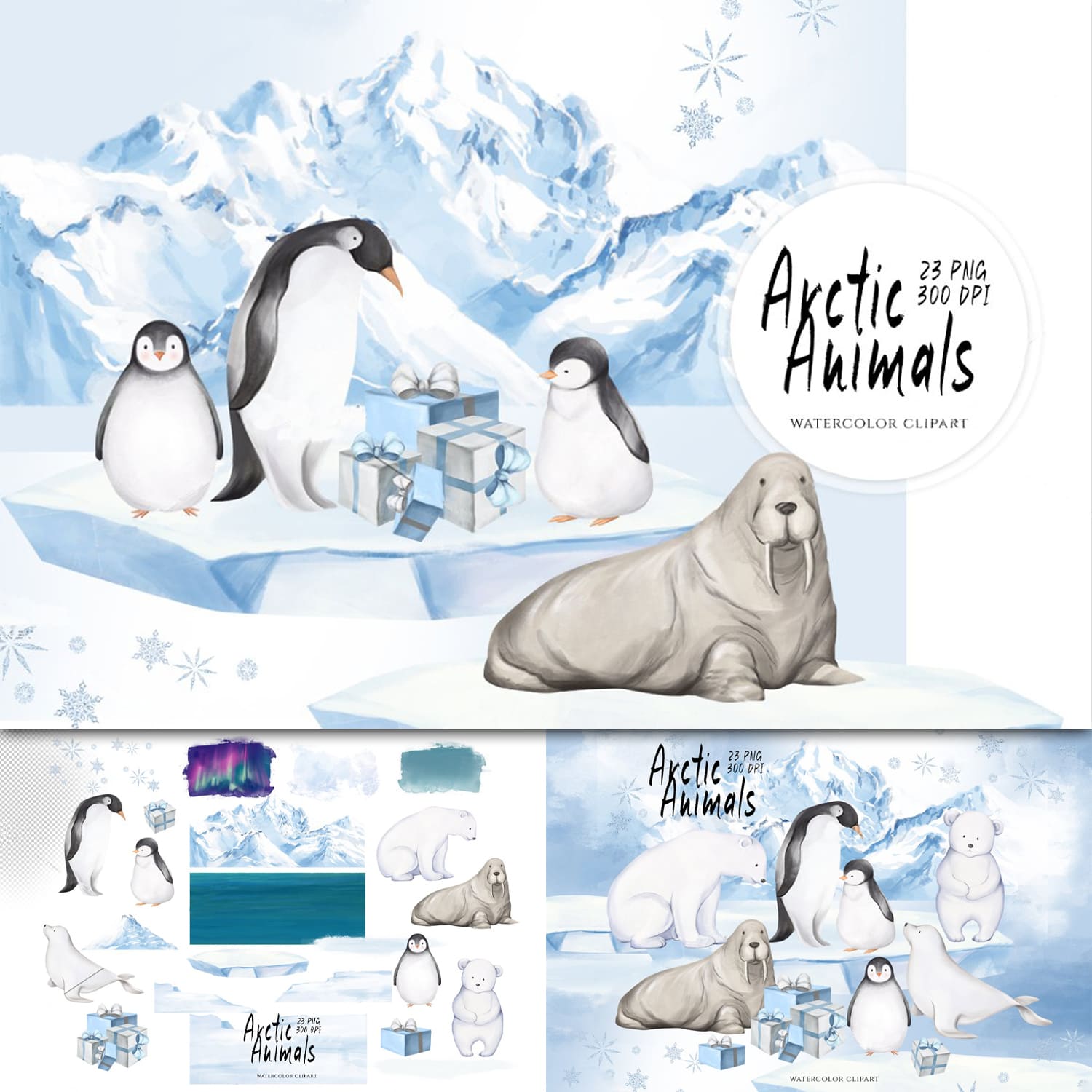 Arctic Animals Watercolor Clipart.