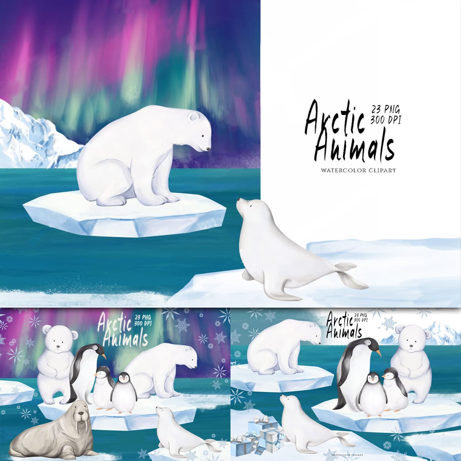 Arctic Animals Watercolor Clipart cover.
