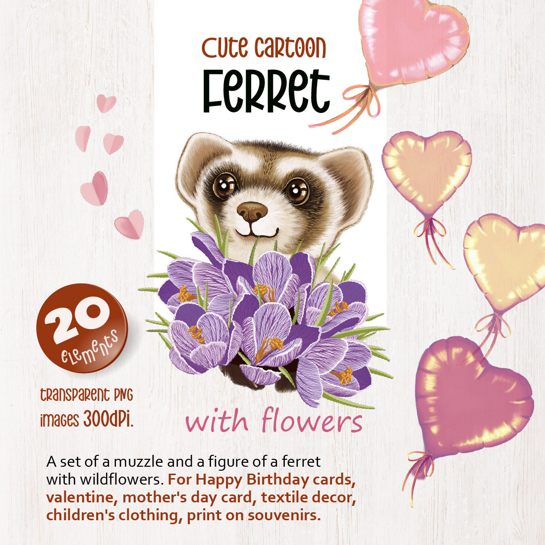 Cute Cartoon Ferret with Flowers previews.