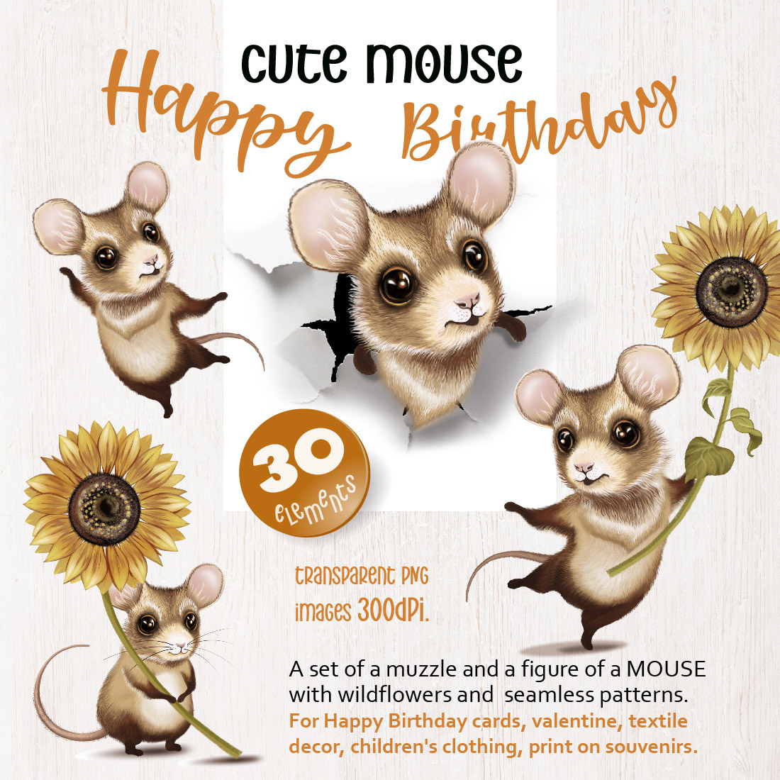 Cute Cartoon Little Mouse with Flowers previews.