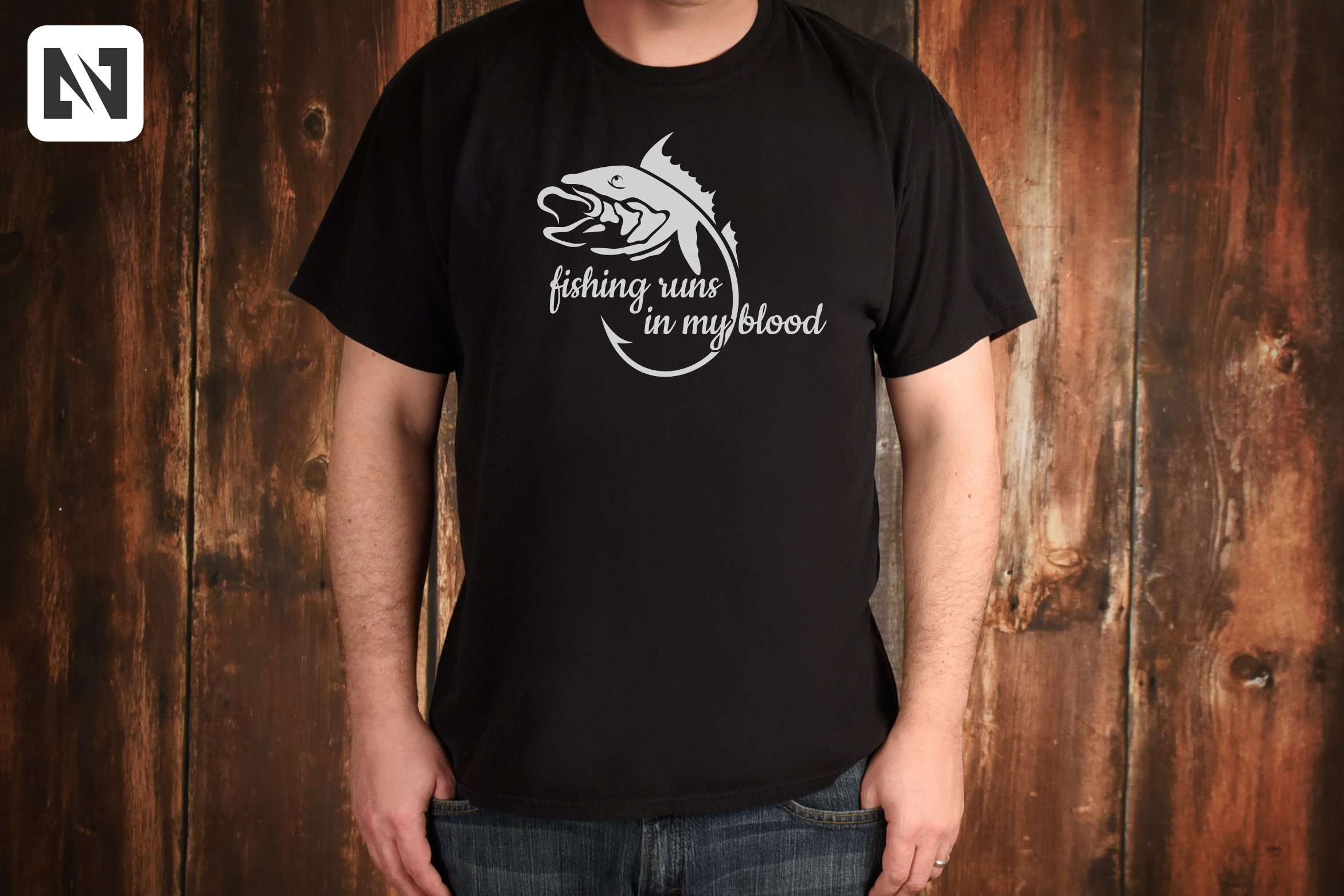 Men black t-shirt with the white hook and fish.