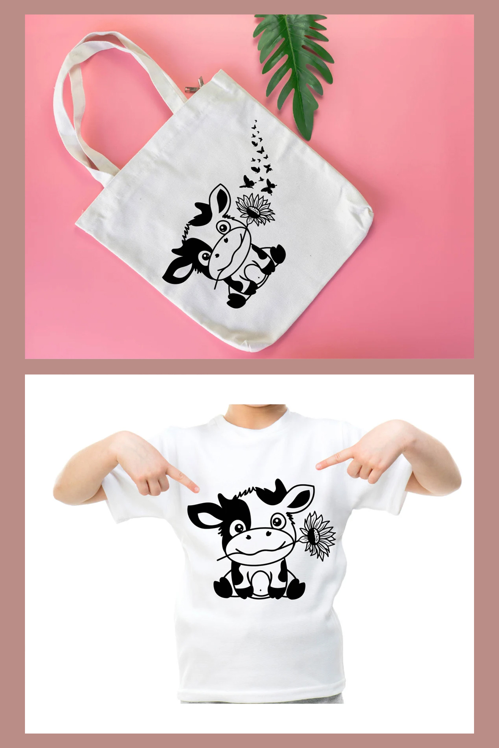 White bag with a black and white cow on it.