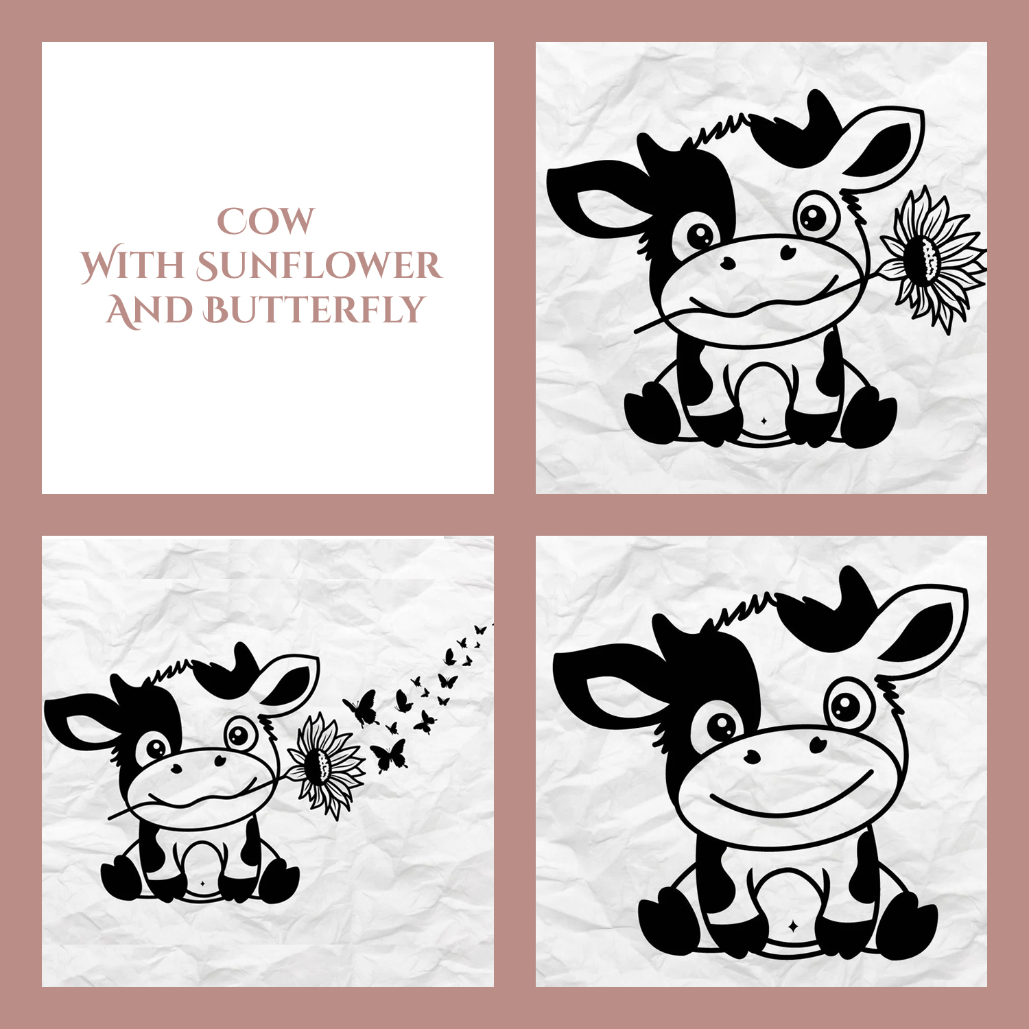 Cow with sunflower and butterfly on a piece of paper.