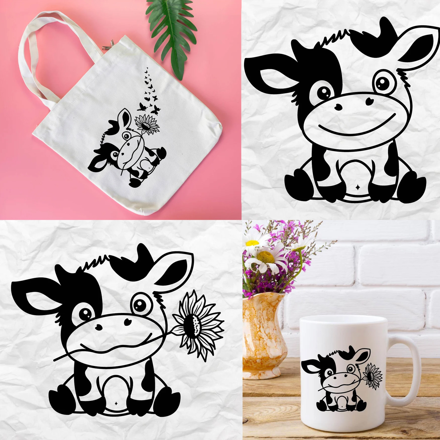 Cow with a flower in its mouth and a cow with a flower in its.
