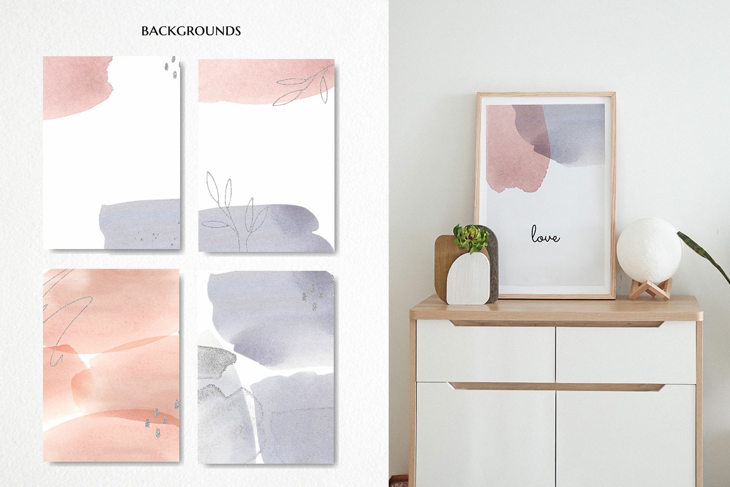 Watercolor backgrounds in pastel colors.