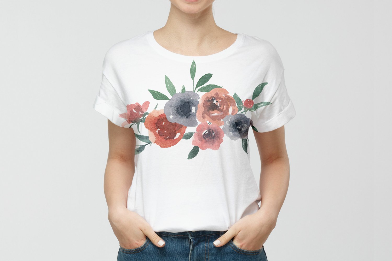 T-shirt design with floral elements.
