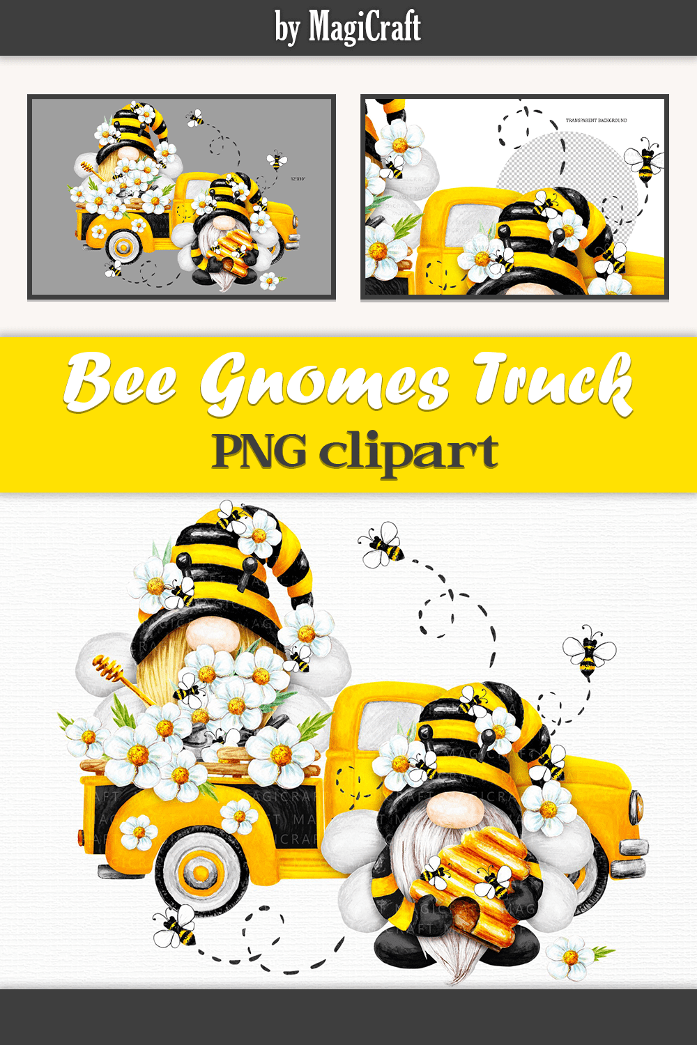 Bee gnomes truck clipart watercolor - pinterest image preview.