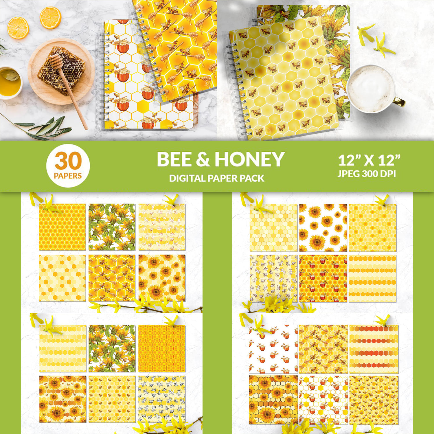 Bee honey digital paper pack - main image preview.