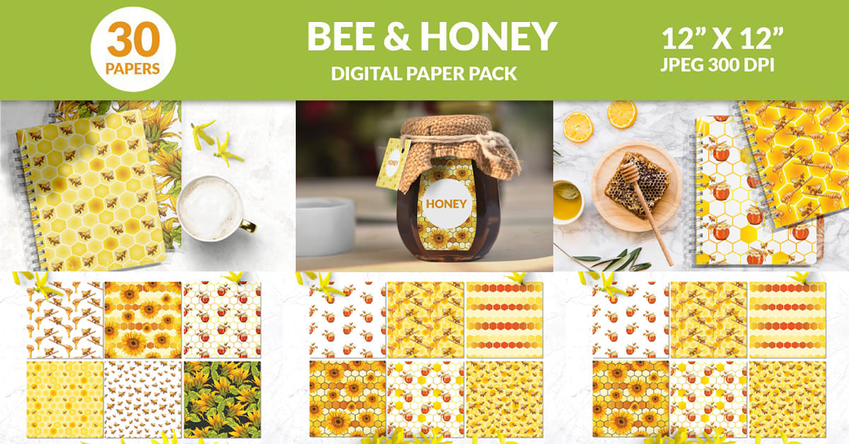 Bee honey digital paper pack - Facebook image preview.