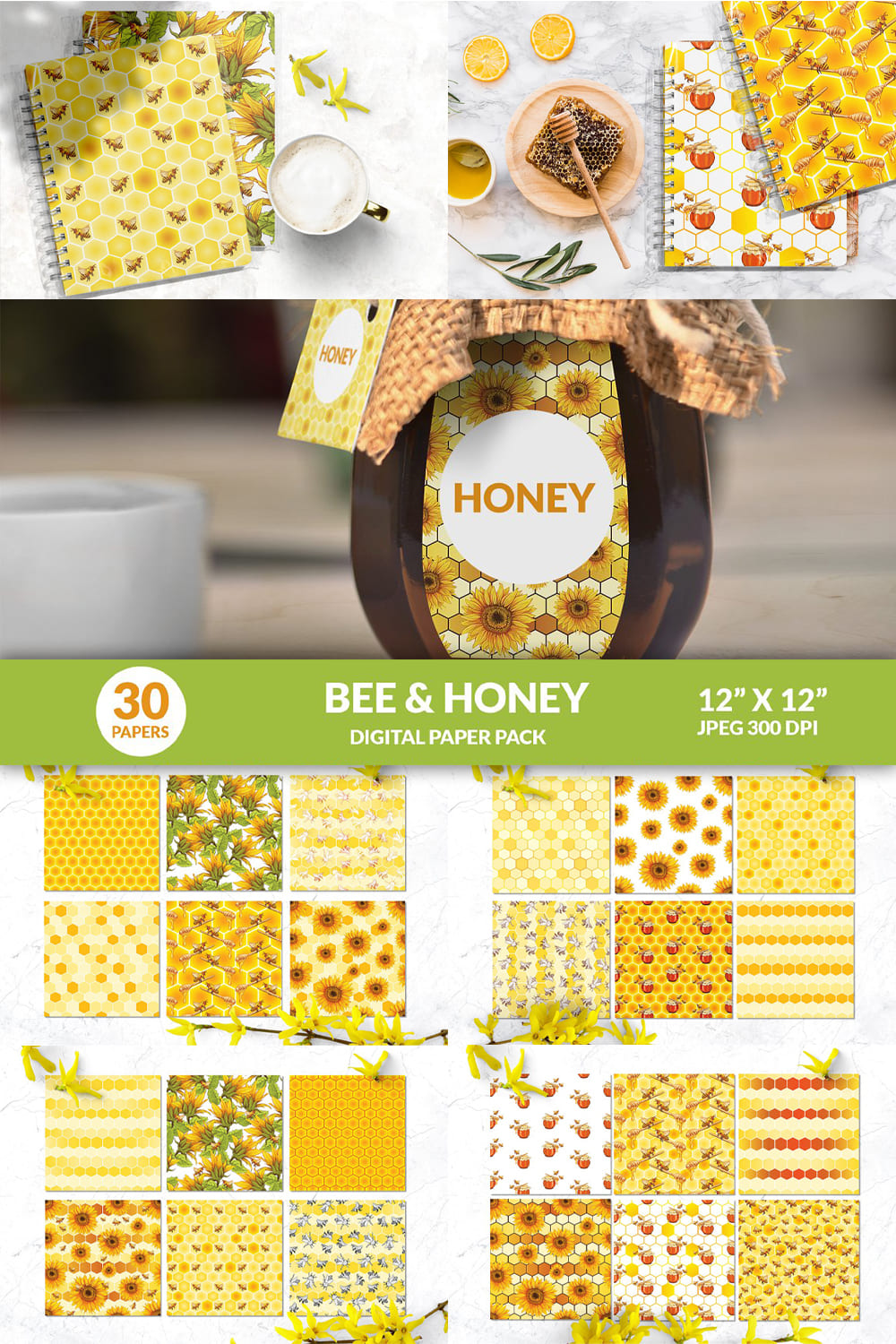 Bee honey digital paper pack - pinterest image preview.