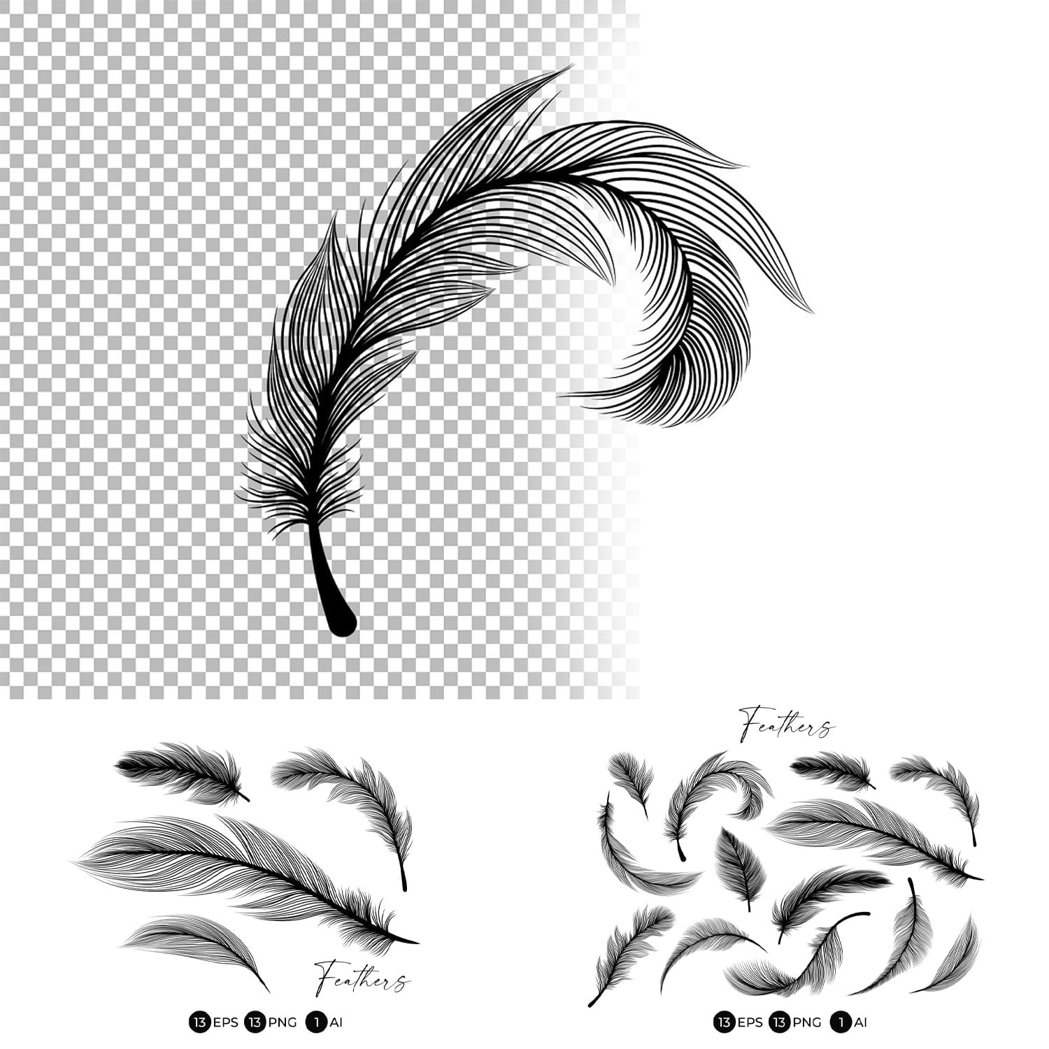 Black feathers stencil boho line art - main image preview.