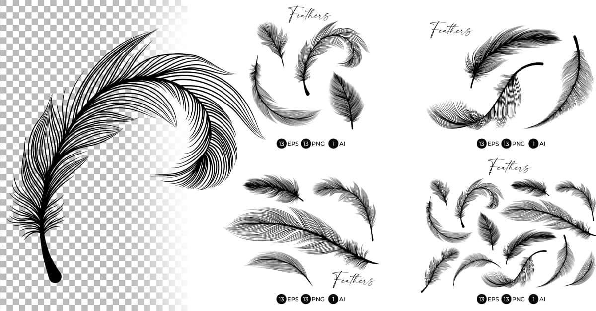 Black feathers stencil boho line art - Facebook image preview.