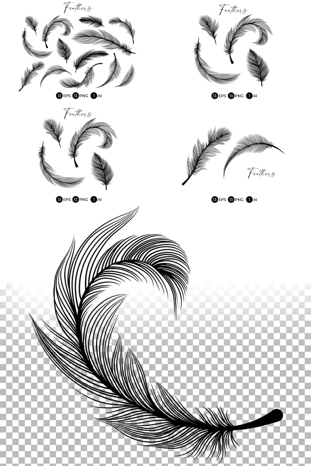 Black and White Feathers Stencil, Vector Modern Png Clipart, Boho Line Art  Design Elements. Feather Sublimation Digital Download. 