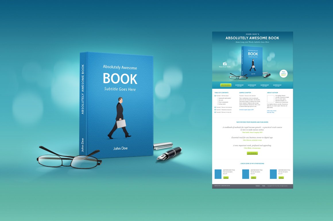 Turquoise landing page with for e-book store.