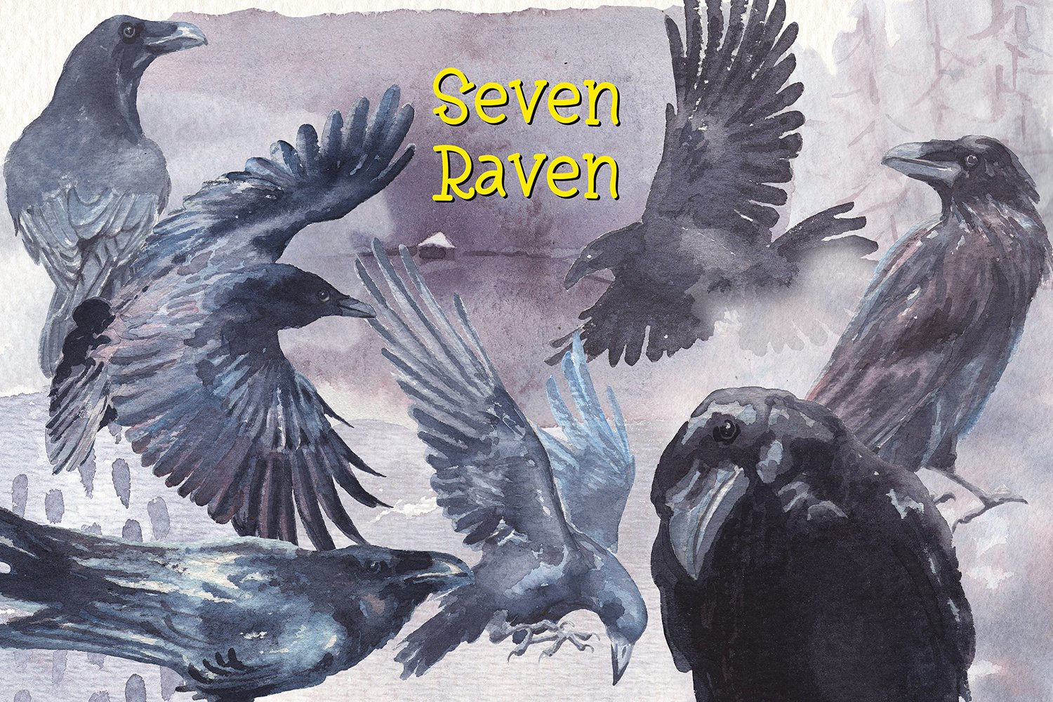 Cover image of Seven Ravens Watercolor Clipart.