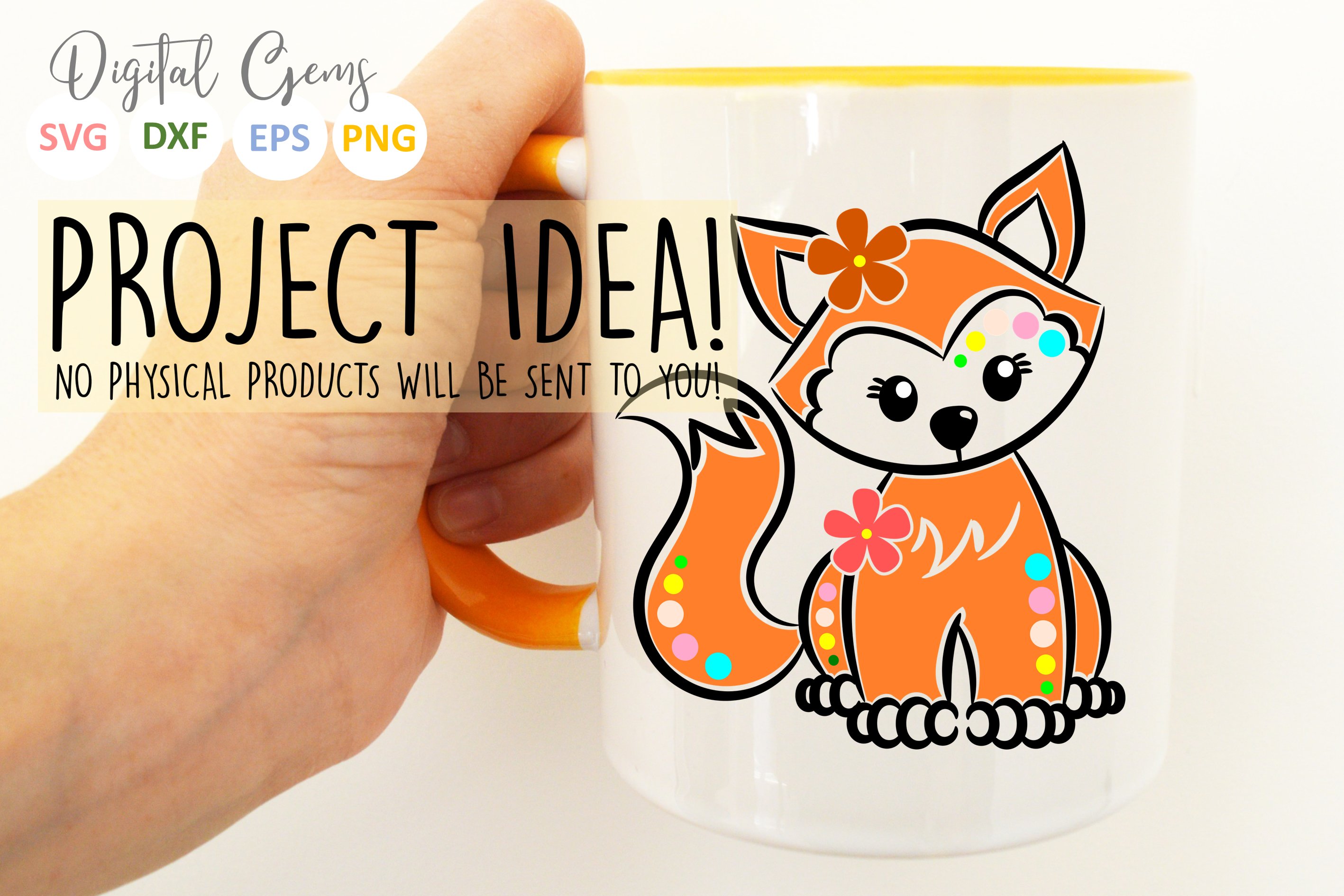 Person holding a coffee mug with a picture of a fox on it.