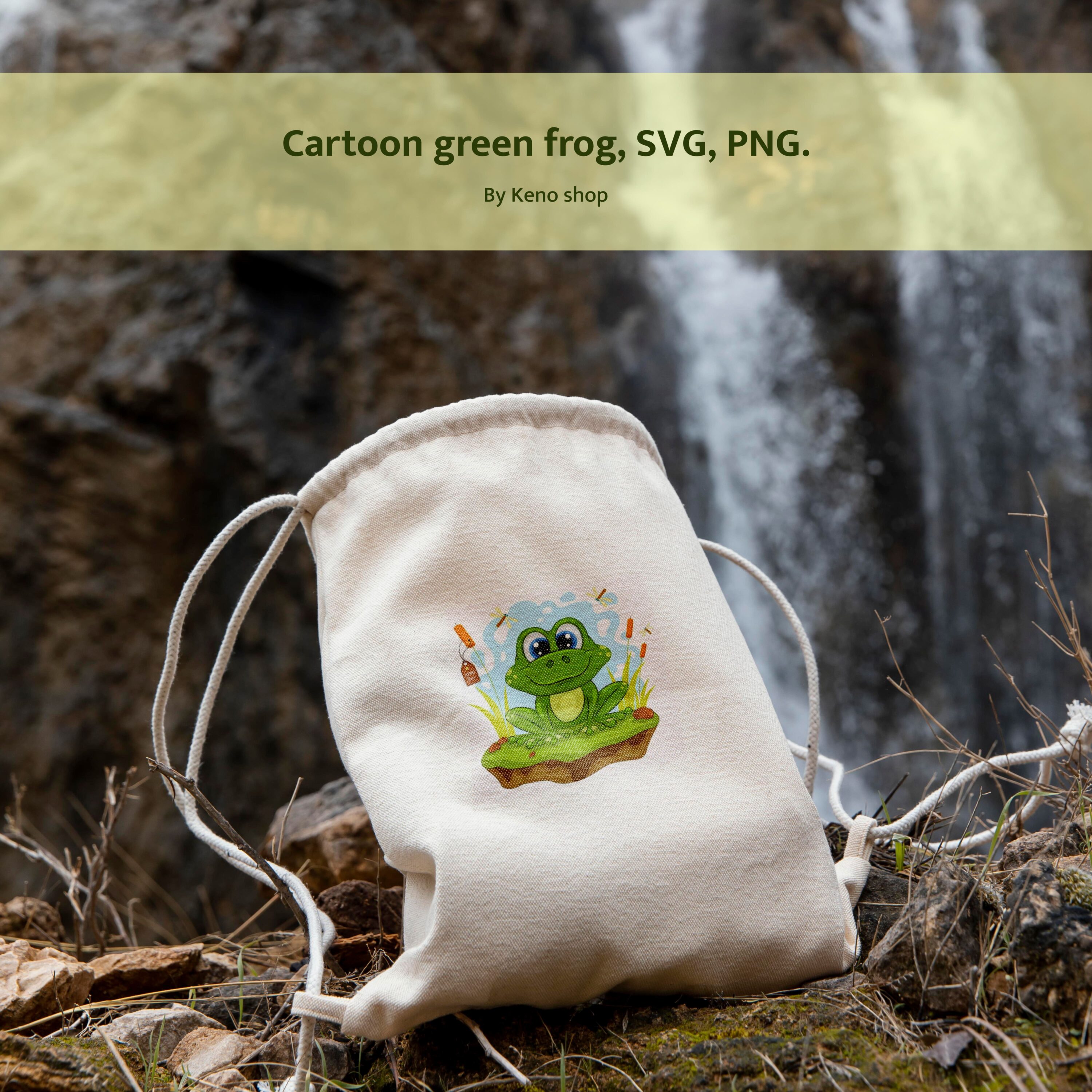 Bag with a frog on it sitting in front of a waterfall.