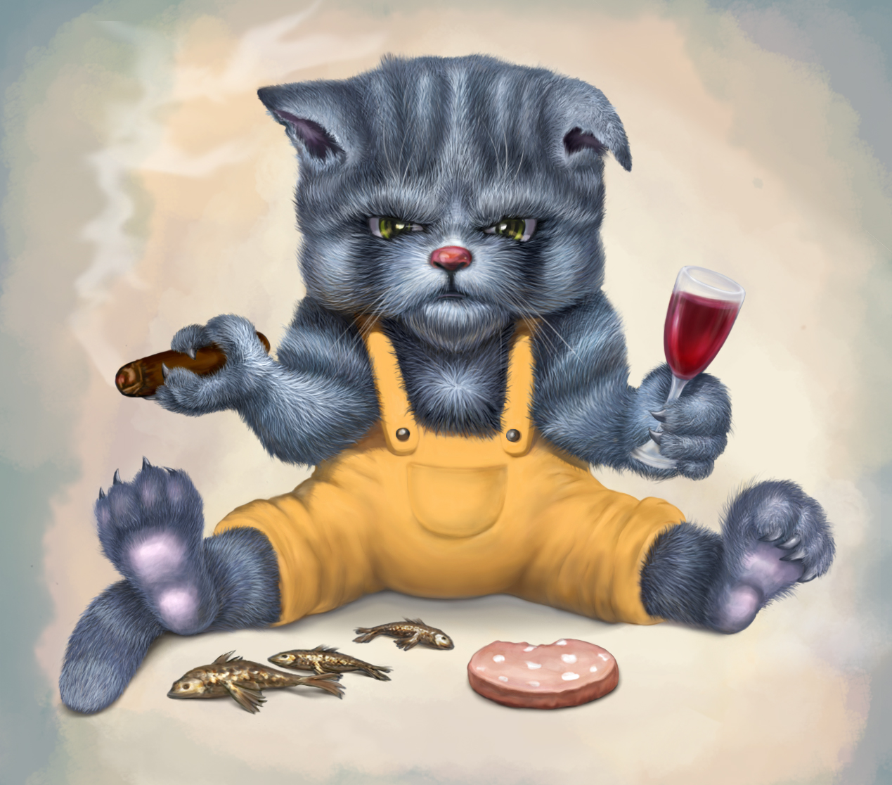 Character Cat with a Cigar and Wine.