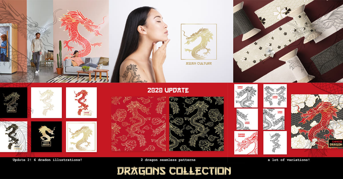 Chinese dragon vector illustrations - Facebook image preview.