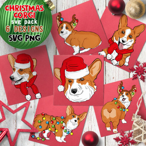Set of four christmas cards with a corgi dog wearing a santa hat.