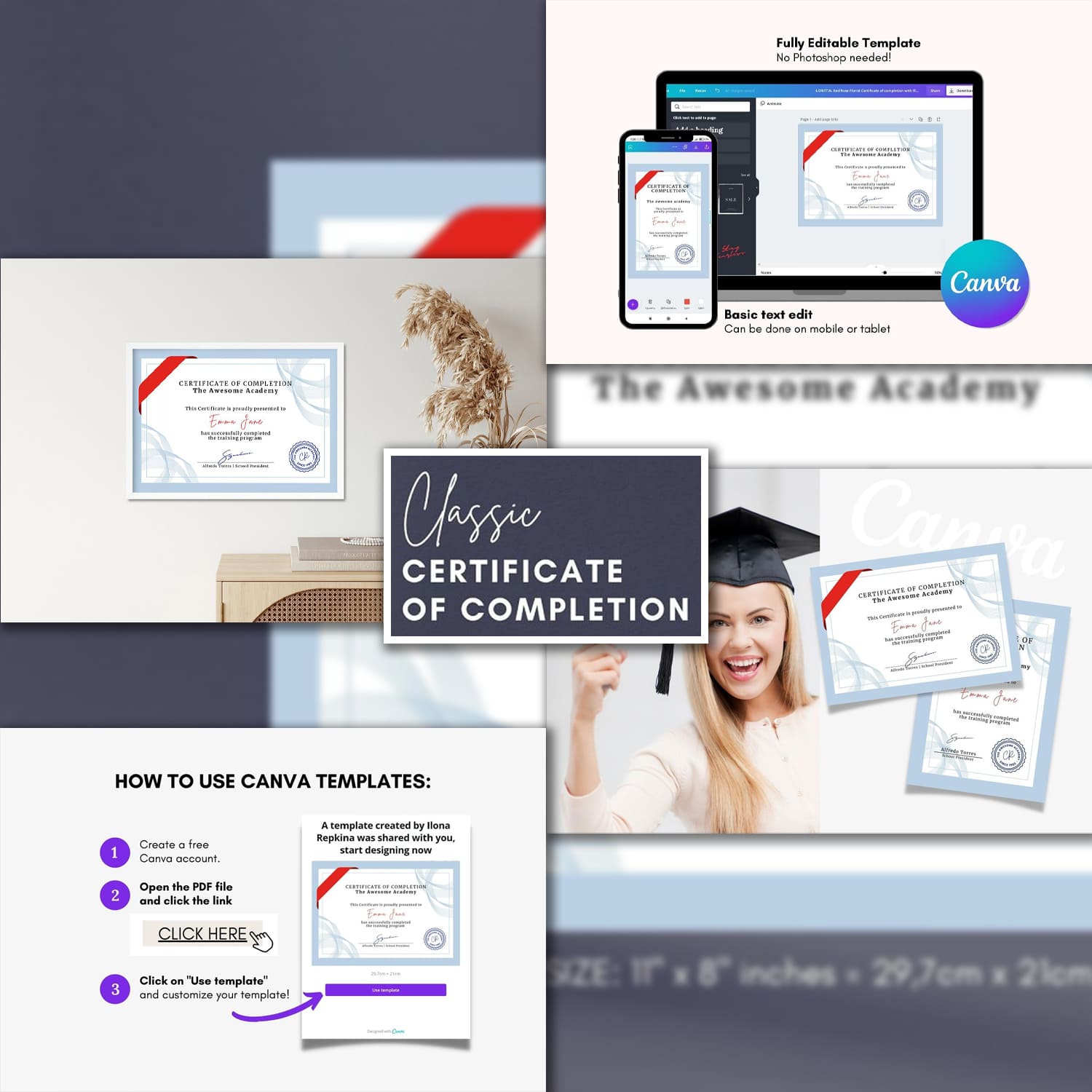Classic Blue Certificate of Completion - 2 Editable Canva Templates.
