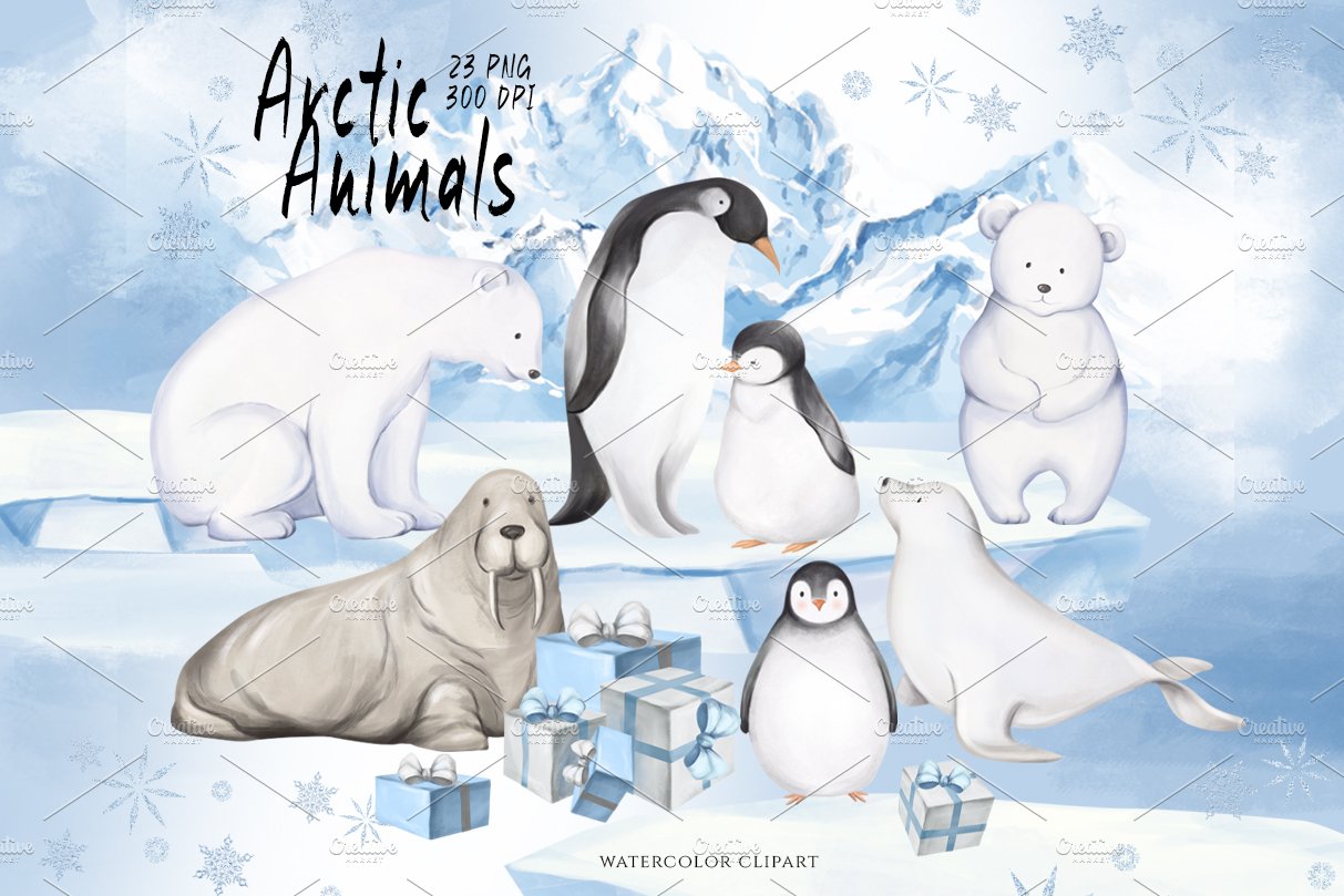 Light illustration with diverse of North Pole animals.