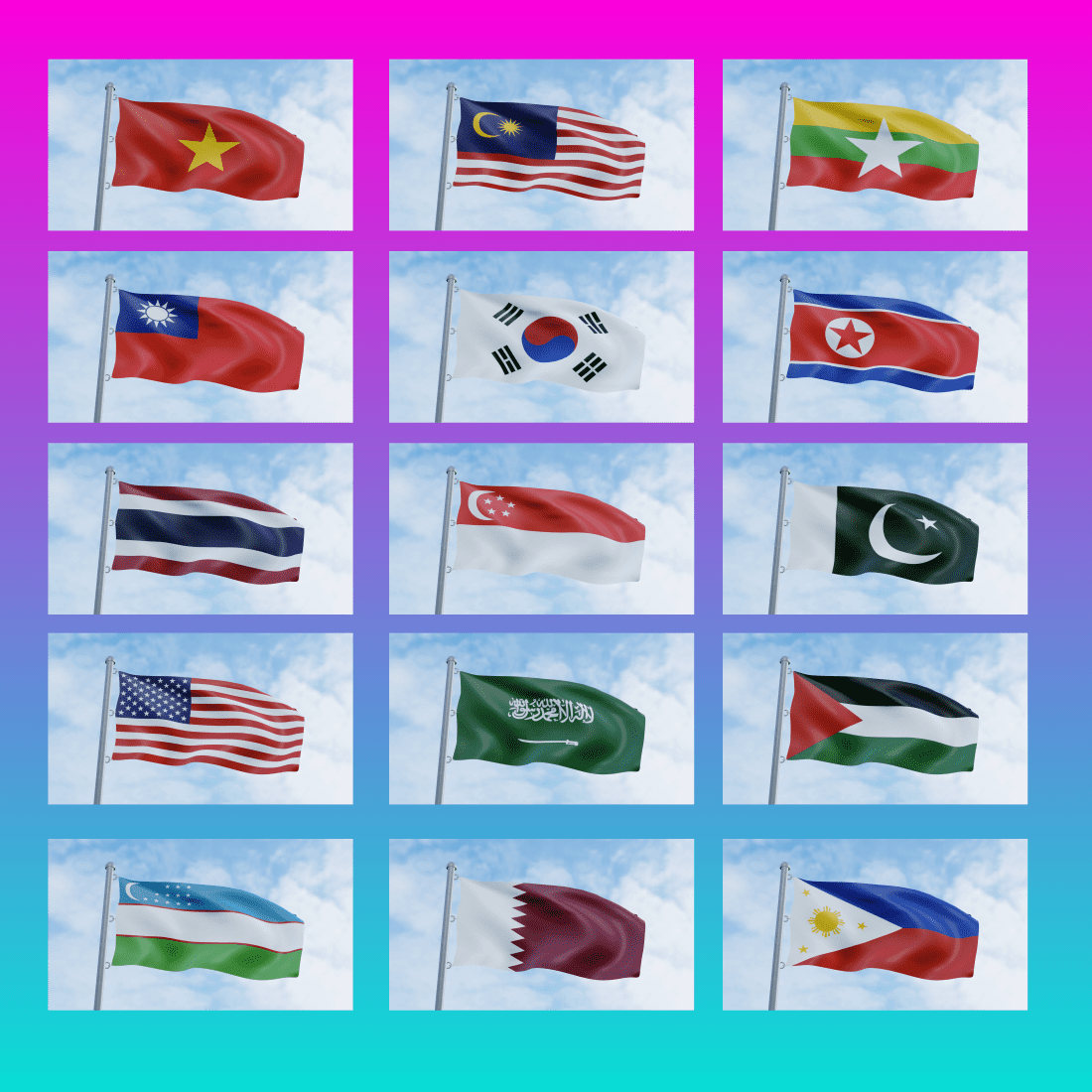 35 Motions Flag 3D animations with High-res cover image.