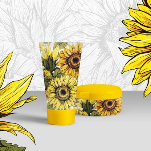 Cosmetic brand with sunflower design.
