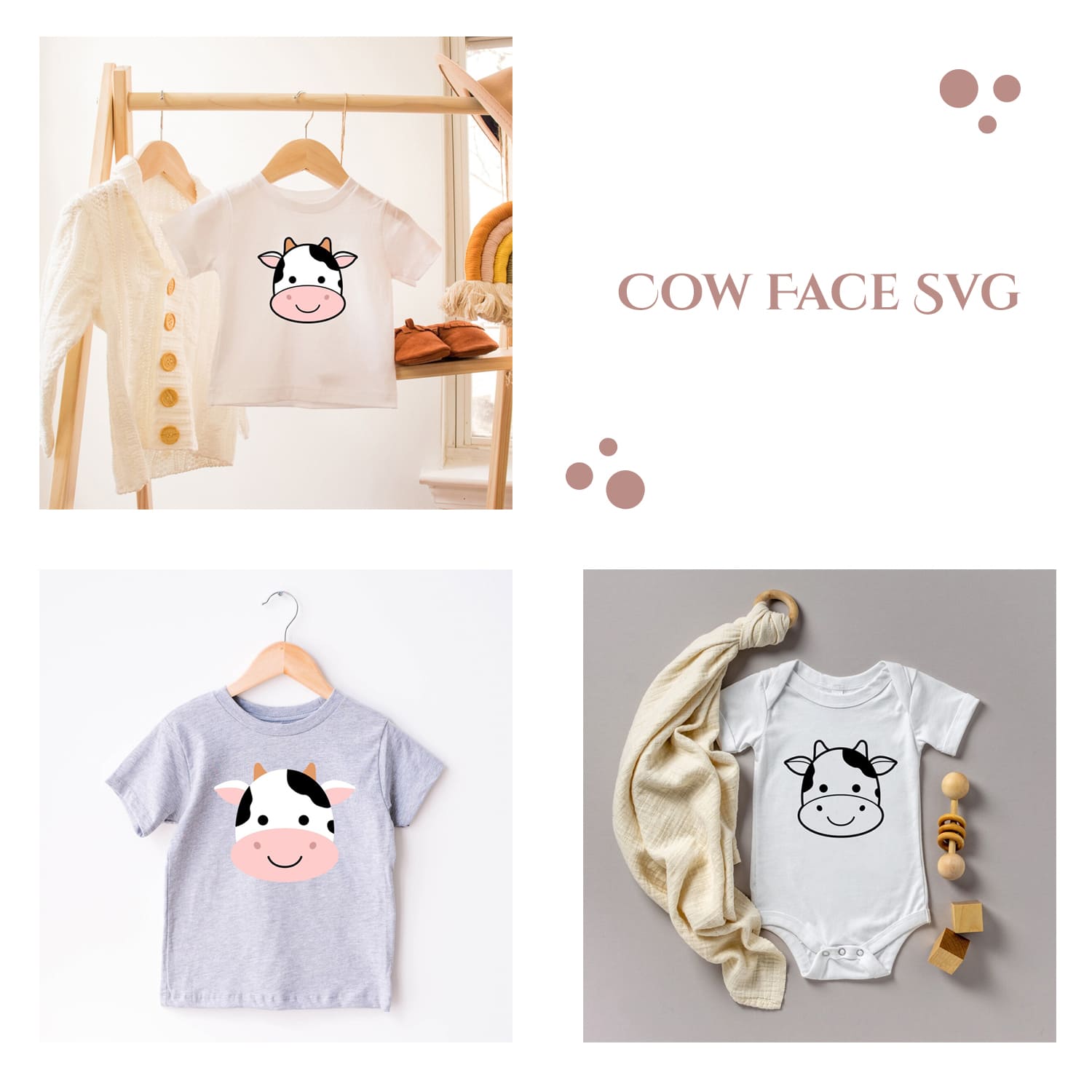 Collage of baby clothes and a cow face t - shirt.