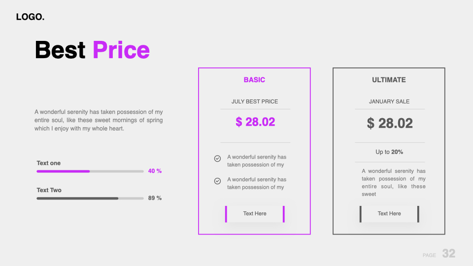Price table for a creative agency.