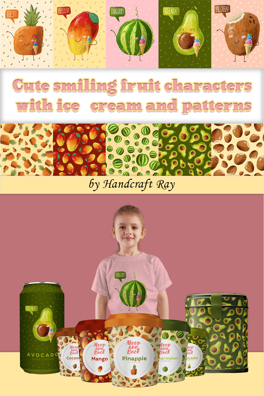 Cute smiling fruit characters with ice cream and patterns - pinterest image preview.