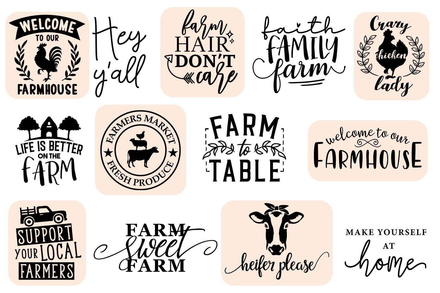 Bunch of farm related stickers on a white background.
