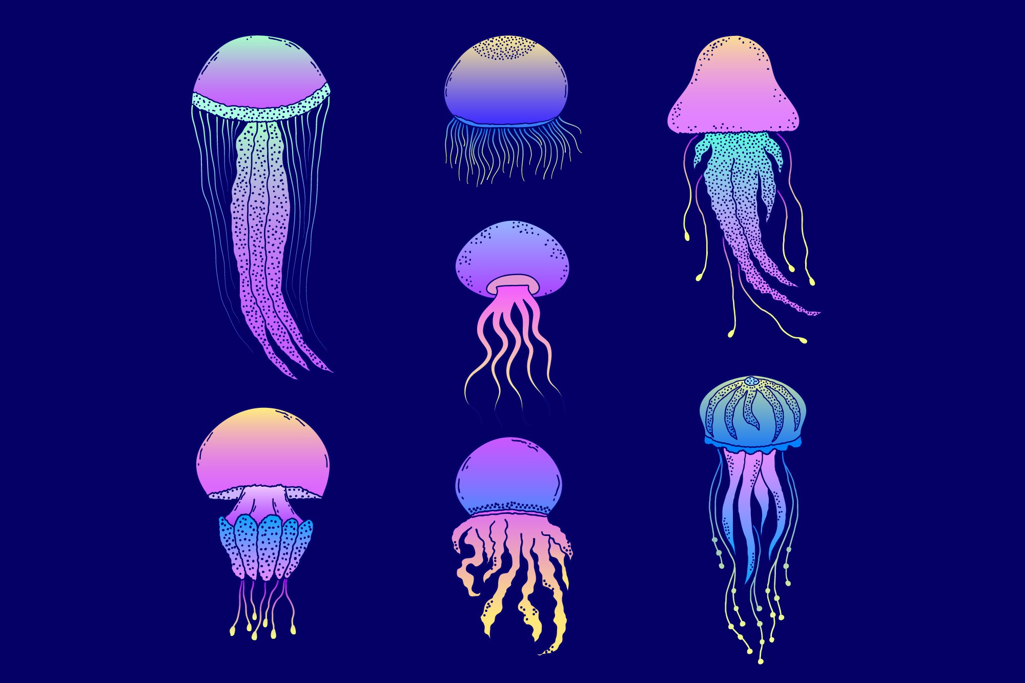 Cool purple jellyfishes in the different shapes.