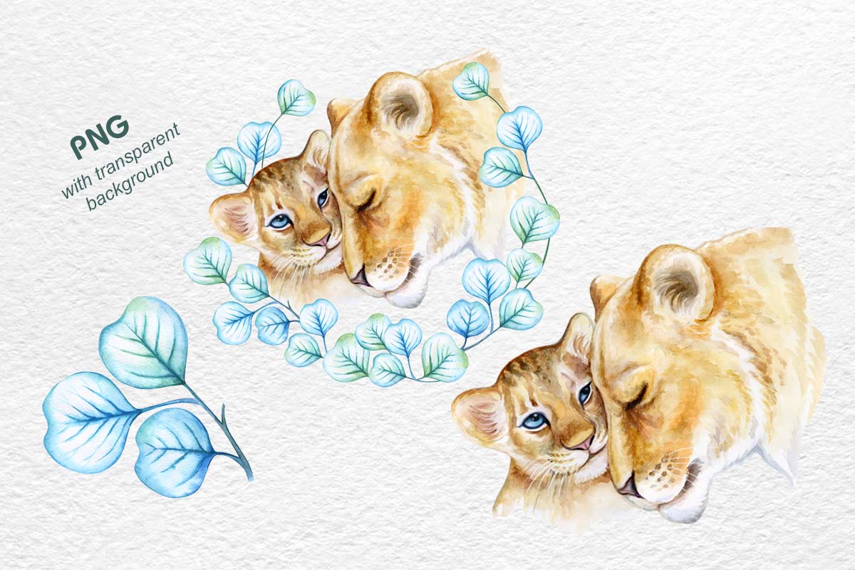 Lion Mum and Baby, Little Lion Watercolor, Safari Animal PNG example.