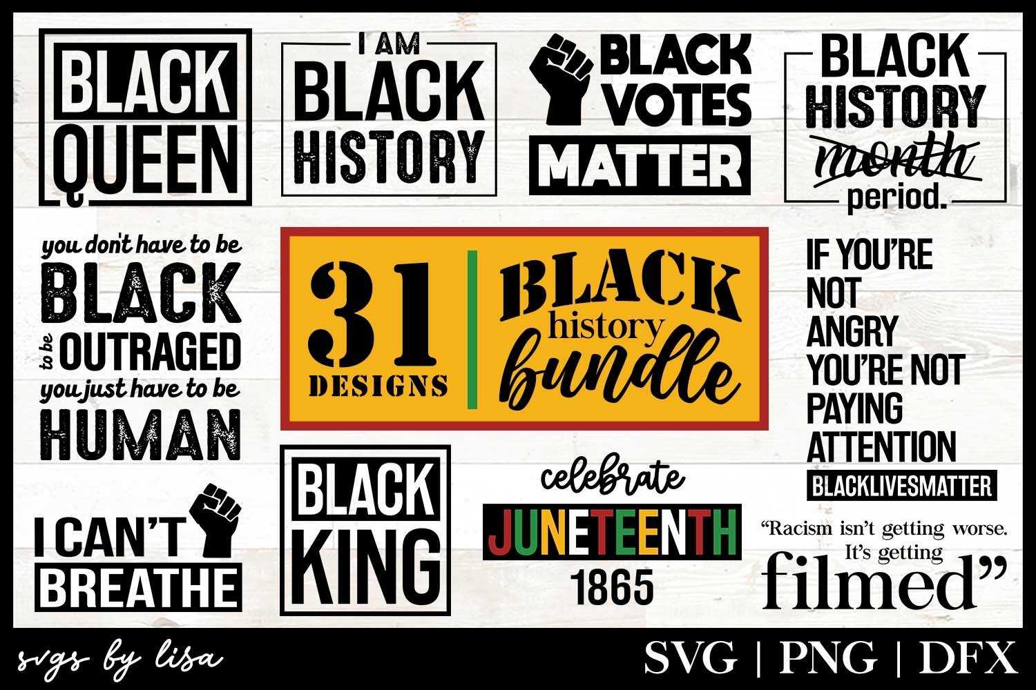 This set includes 31 black history designs.