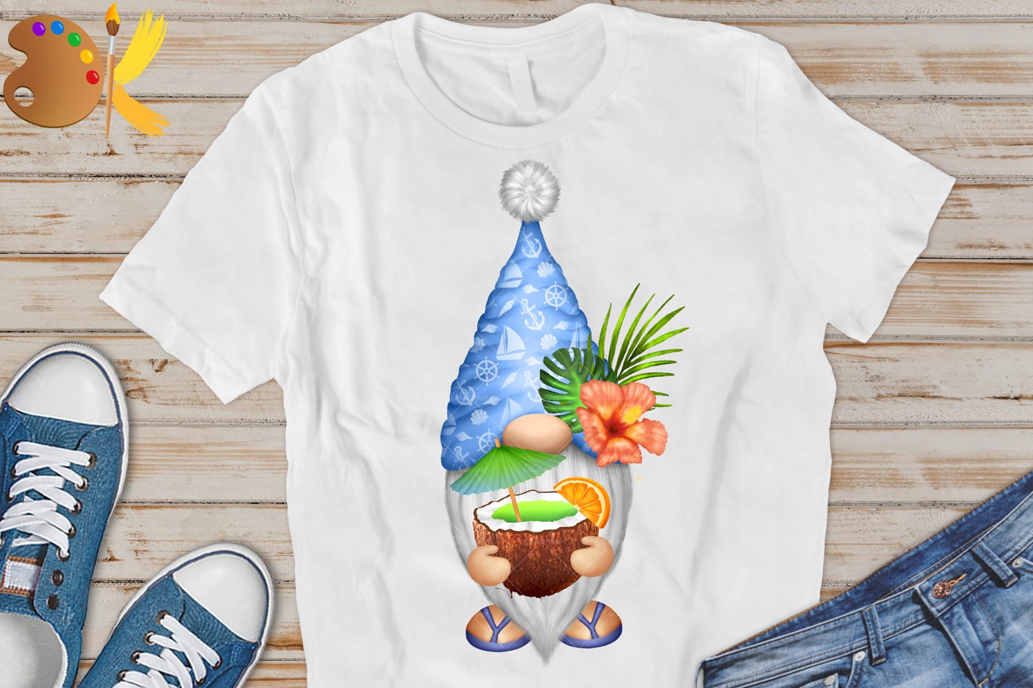 Cute blue gnome with cocktail - t-shirt.