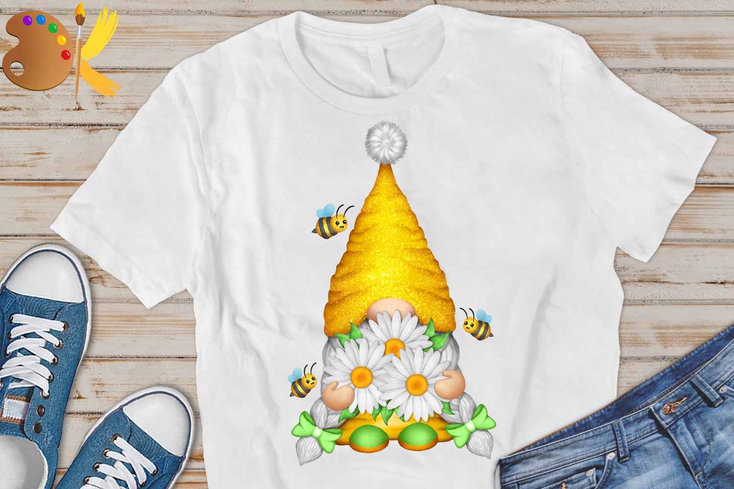 Cute yellow gnome with daises - t-shirt.
