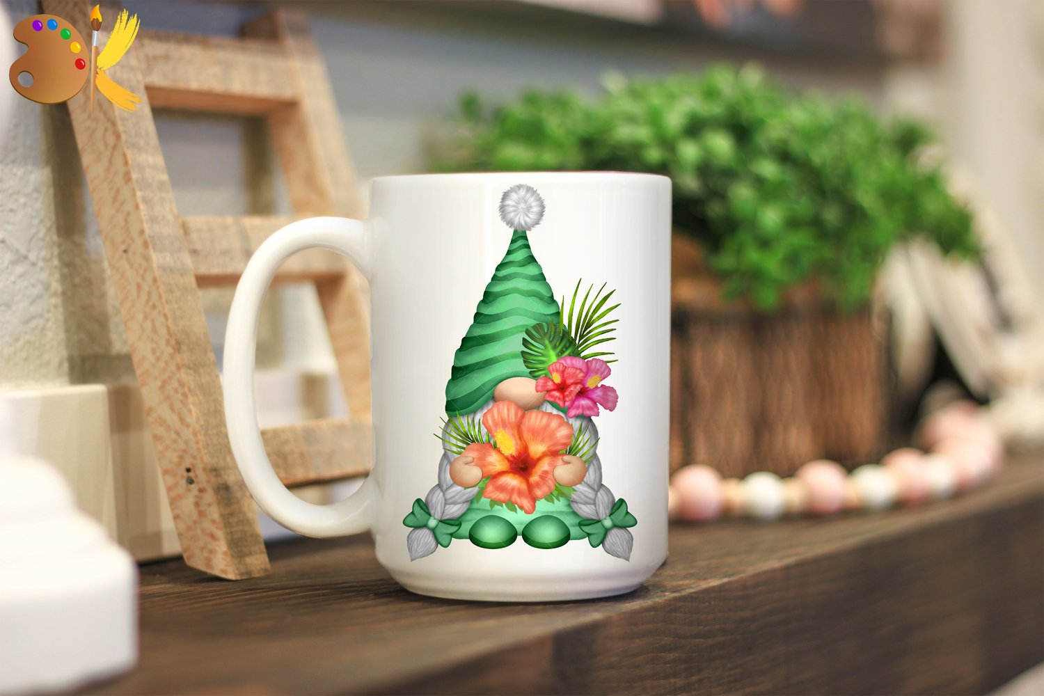 Cute green gnome with flower - cup.