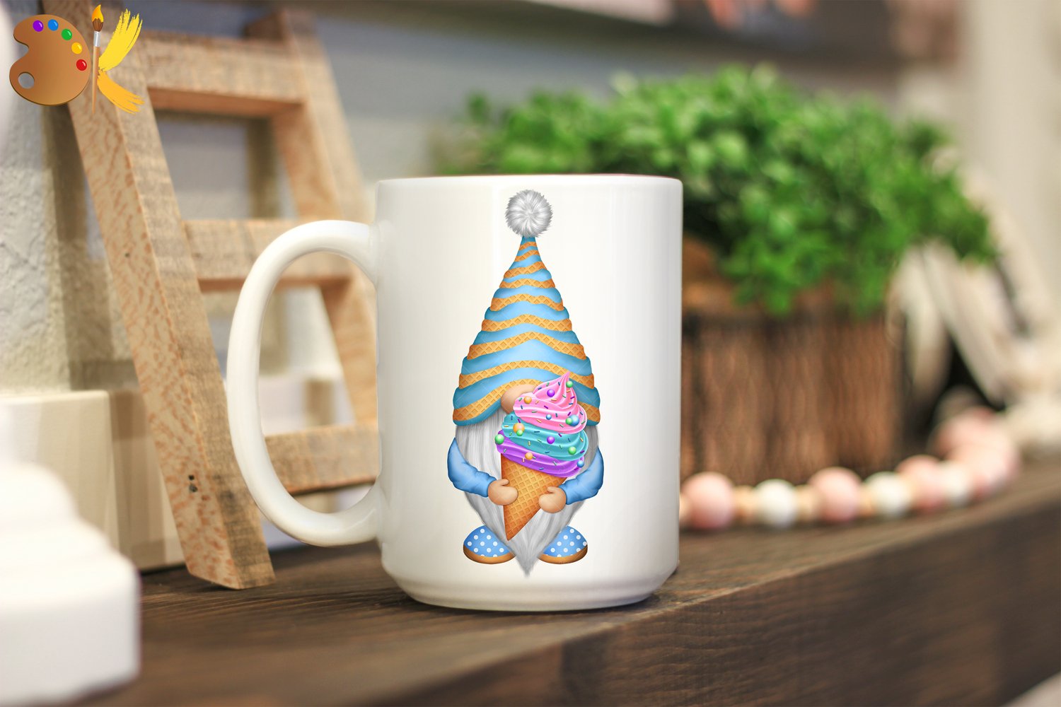 Cup with purple gnome eating ice cream.
