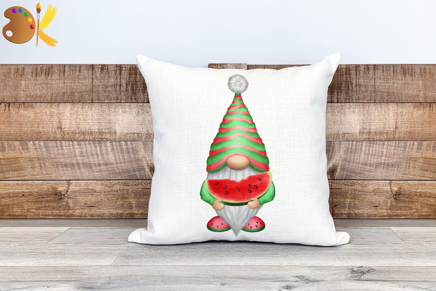 Pillow with little gnome eating watermelon.