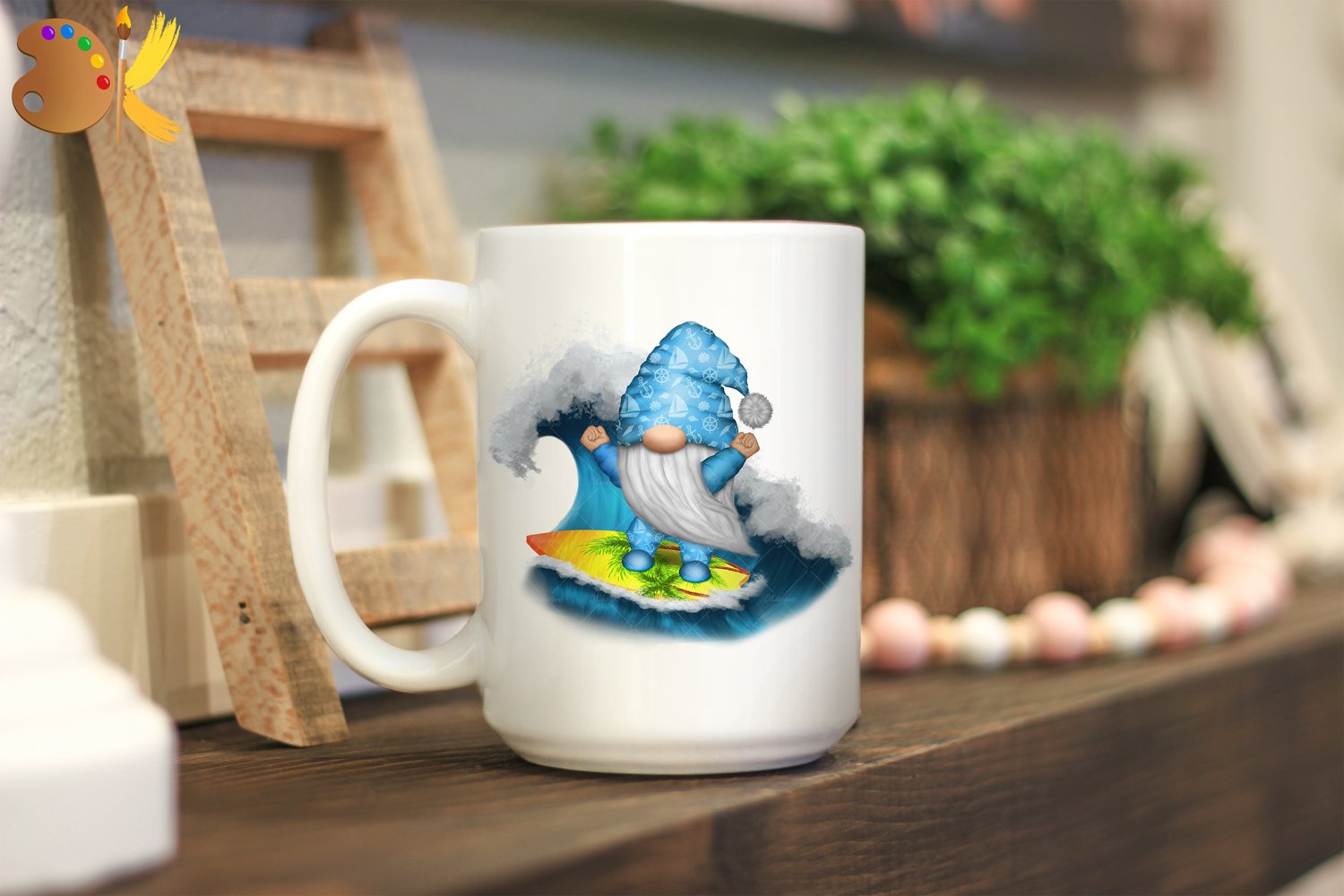 Cup with gnome on the sea waves.