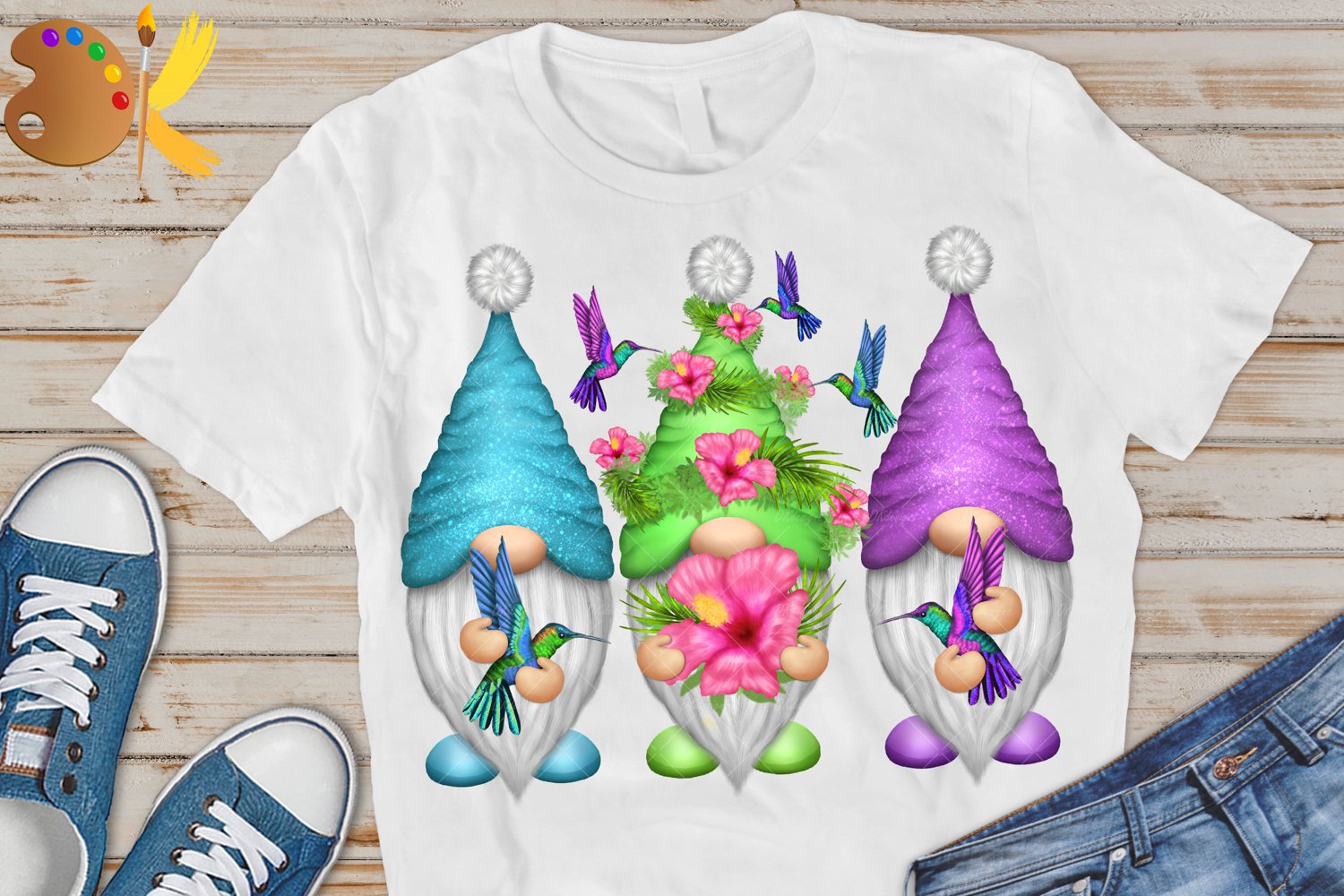 Three colorful gnomes on t-shirt.