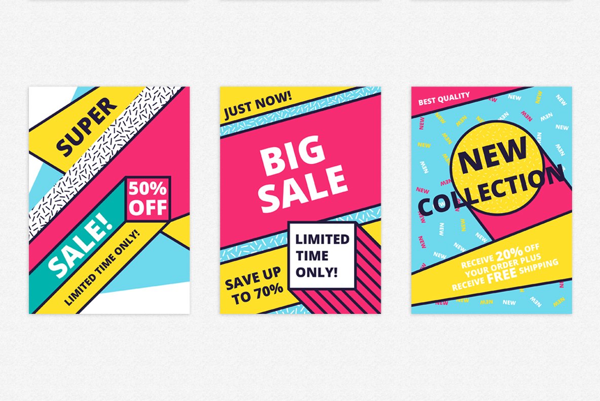 Three options of the colorful posters for sale time.