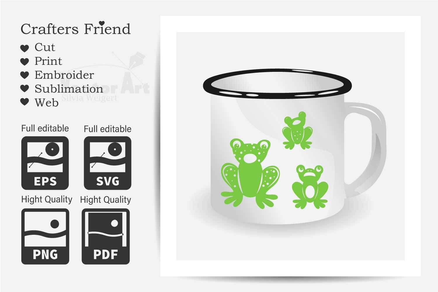 Picture of a green frog on a white mug.