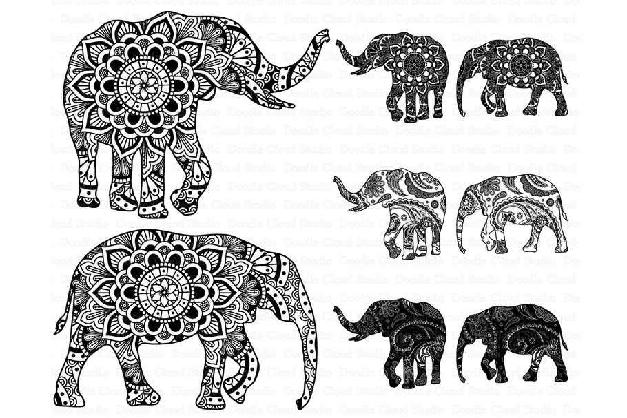 Set of four elephants with intricate designs.